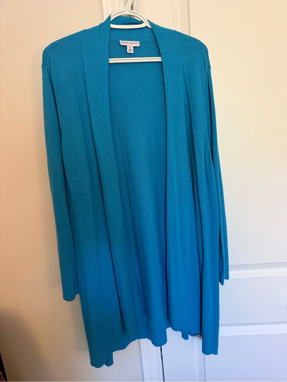Susan Graver Open-Front Long Cardigan Sweater in Teal Blue